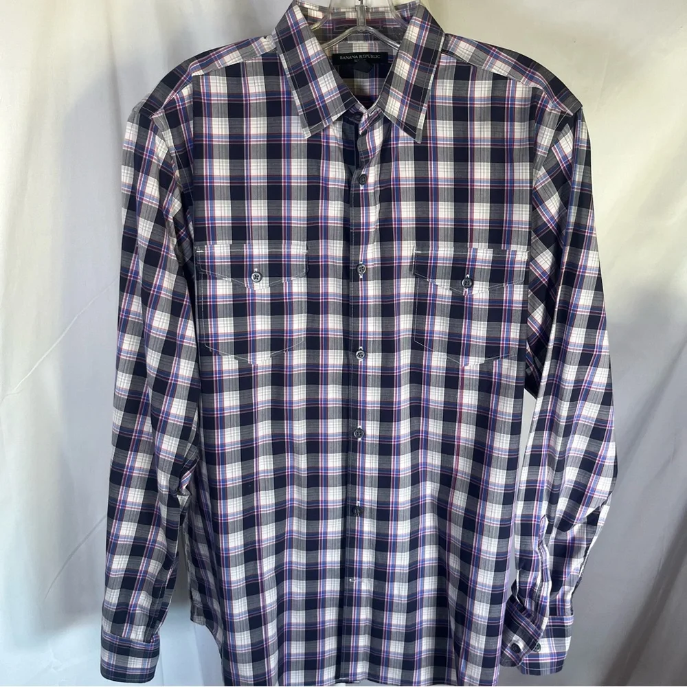 Banana Republic Men’s Plaid Long Sleeve Slim Fit Button Down Navy & Purple Large